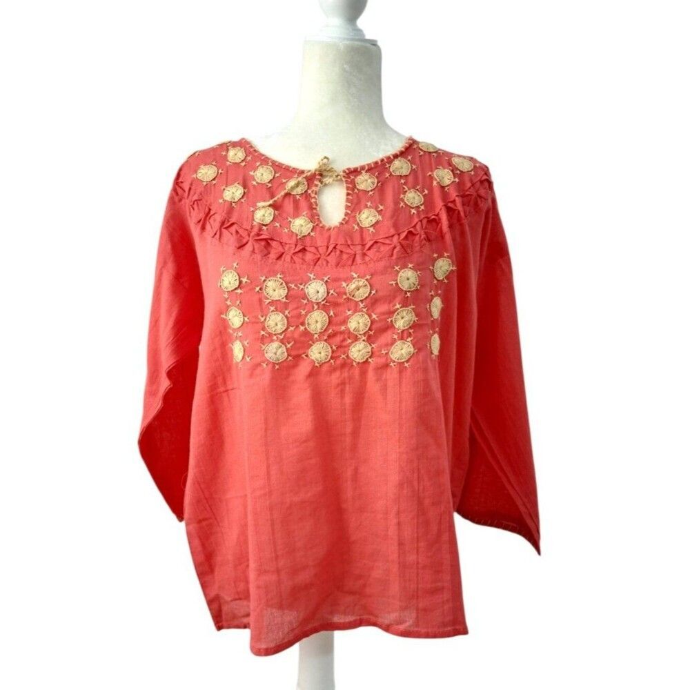 Mexican Hand Embroidered Women's Blouse Peasant Top Peach Ethnic 3/4 Sleeves M/L